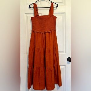 Pink blush Maternity Rust Bow Strap Tiered Maternity Midi Dress Size M